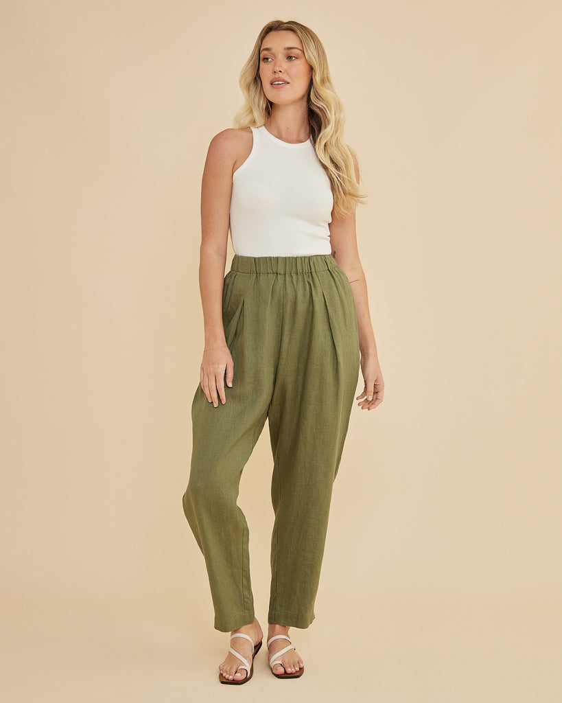 Carter Elasticated Linen Pant - Olive - Second Image