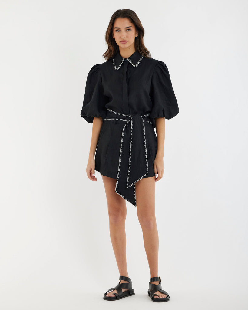 Chloe Stitch Detail Linen Shirt - Black - Second Image