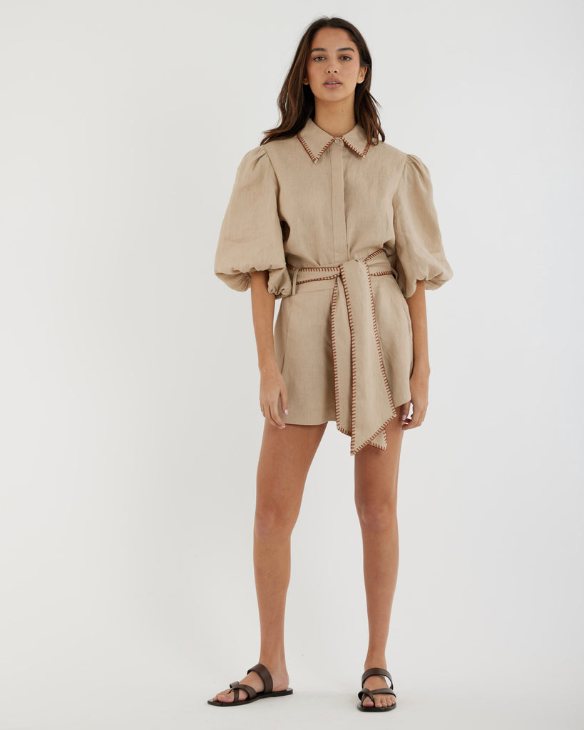 Chloe Stitch Detail Linen Shirt - Sand - Second Image