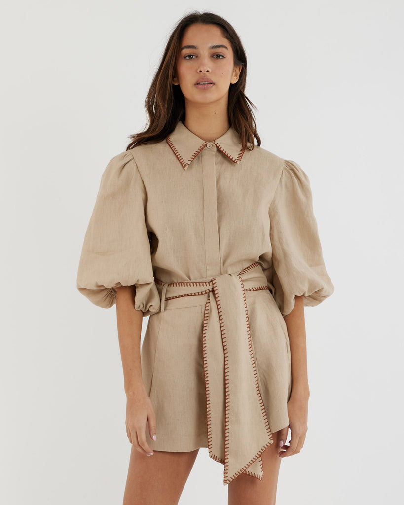 Chloe Stitch Detail Linen Shirt - Sand