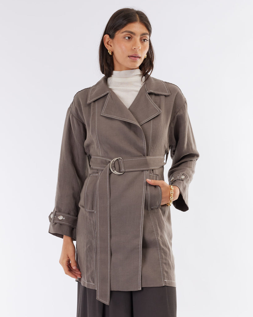 Elvie Linen Trench Jacket - Khaki