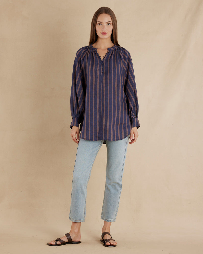 Estelle Linen Tunic Blouse - Navy - Second Image