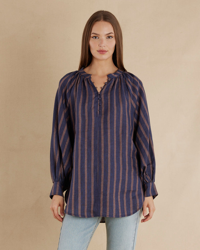 Estelle Linen Tunic Blouse - Navy