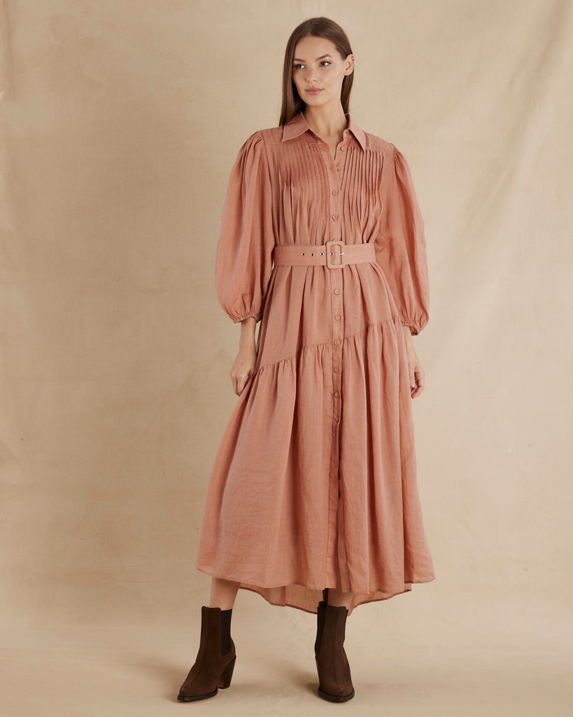 Poeta Ramie Pintuck Belted Dress - Blush - Second Image