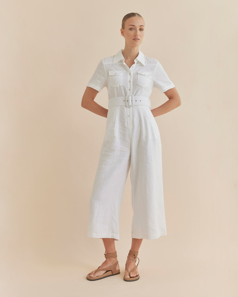 Portsea Linen Jumpsuit - White - Second Image