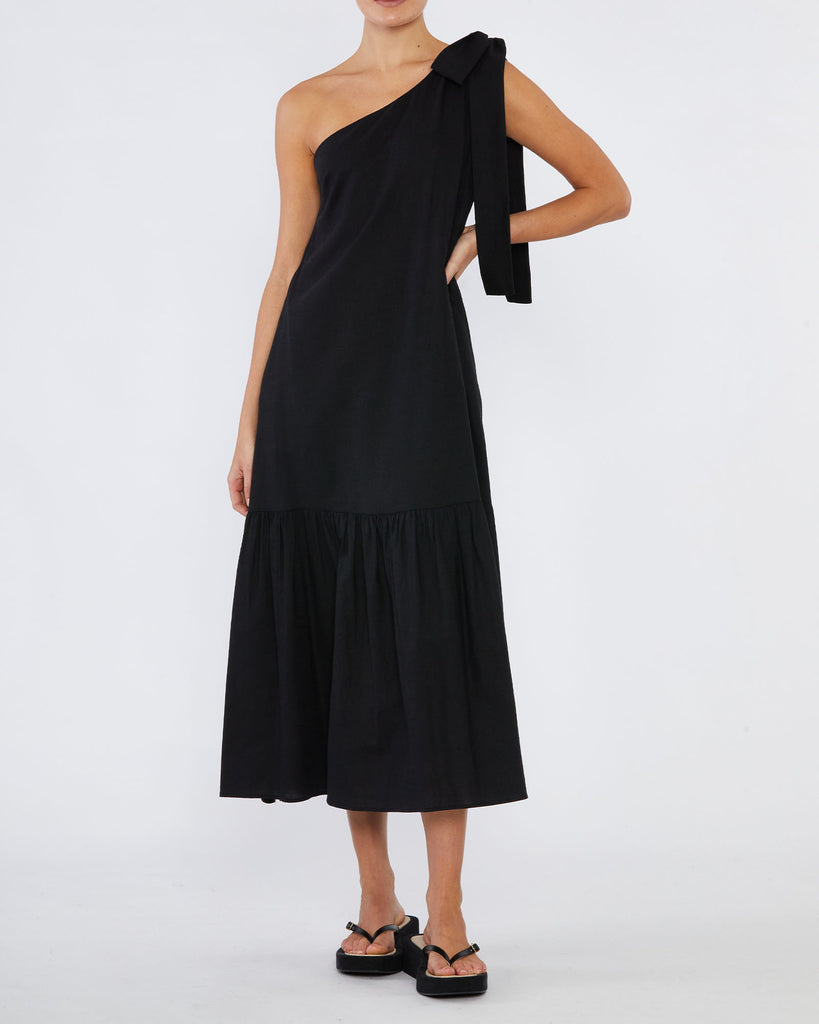 Aruba Linen One Shoulder Dress - Black - Second Image