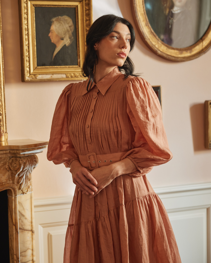 Poeta Ramie Pintuck Belted Dress - Blush