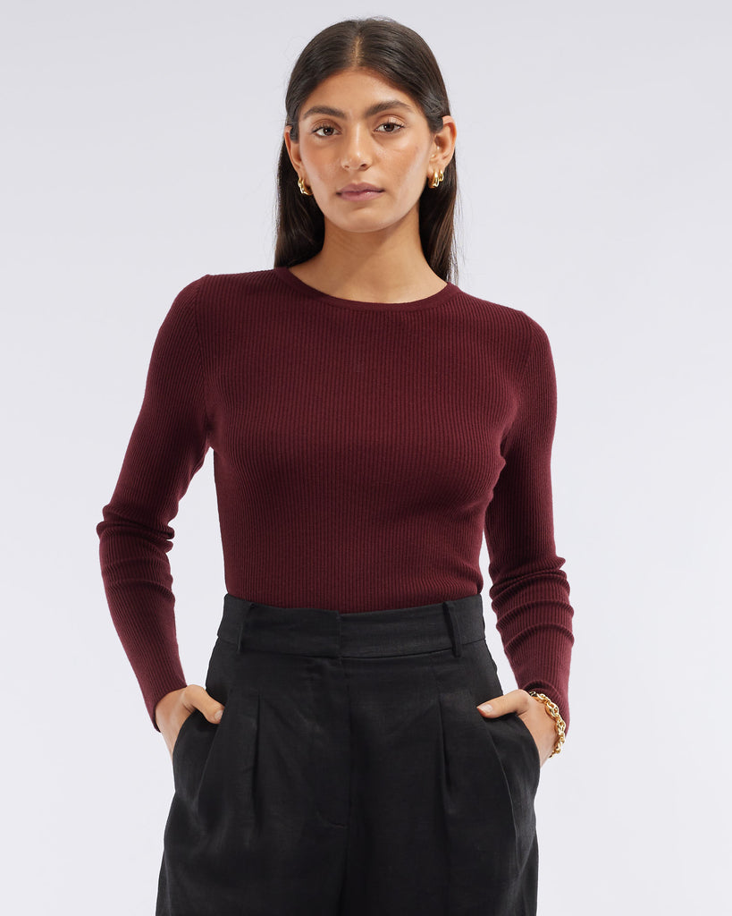 Afina Long Sleeve Knit Top - Burgundy