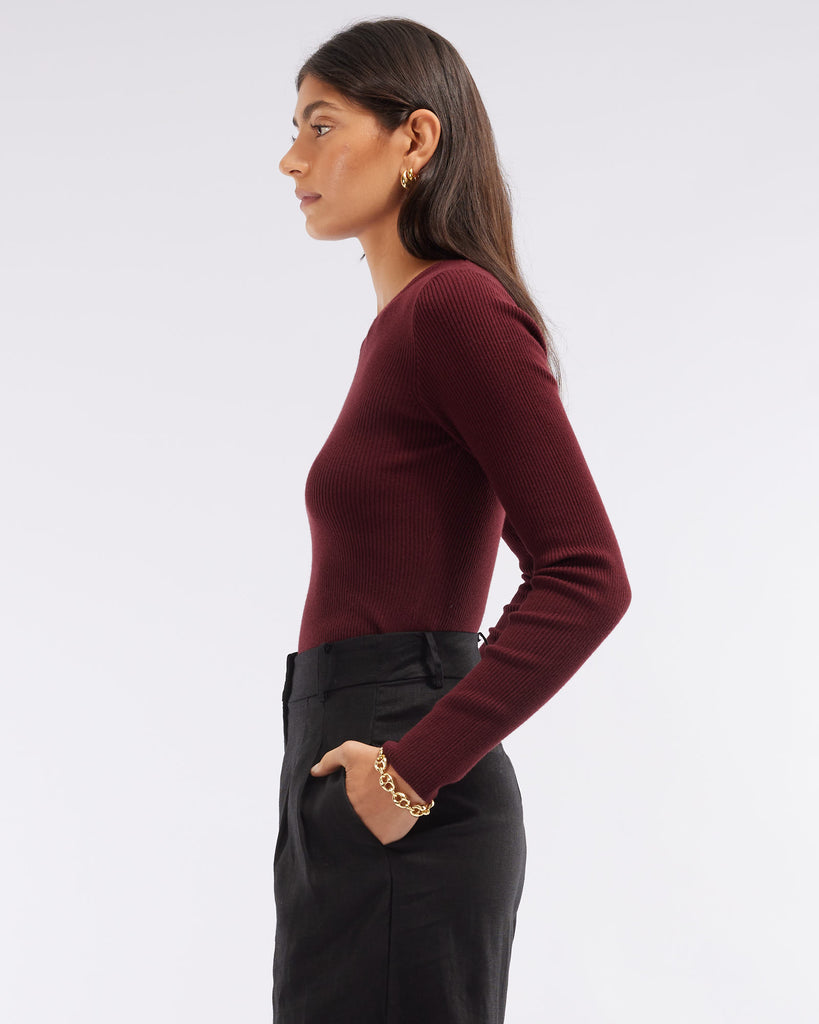 Afina Long Sleeve Knit Top - Burgundy - Second Image