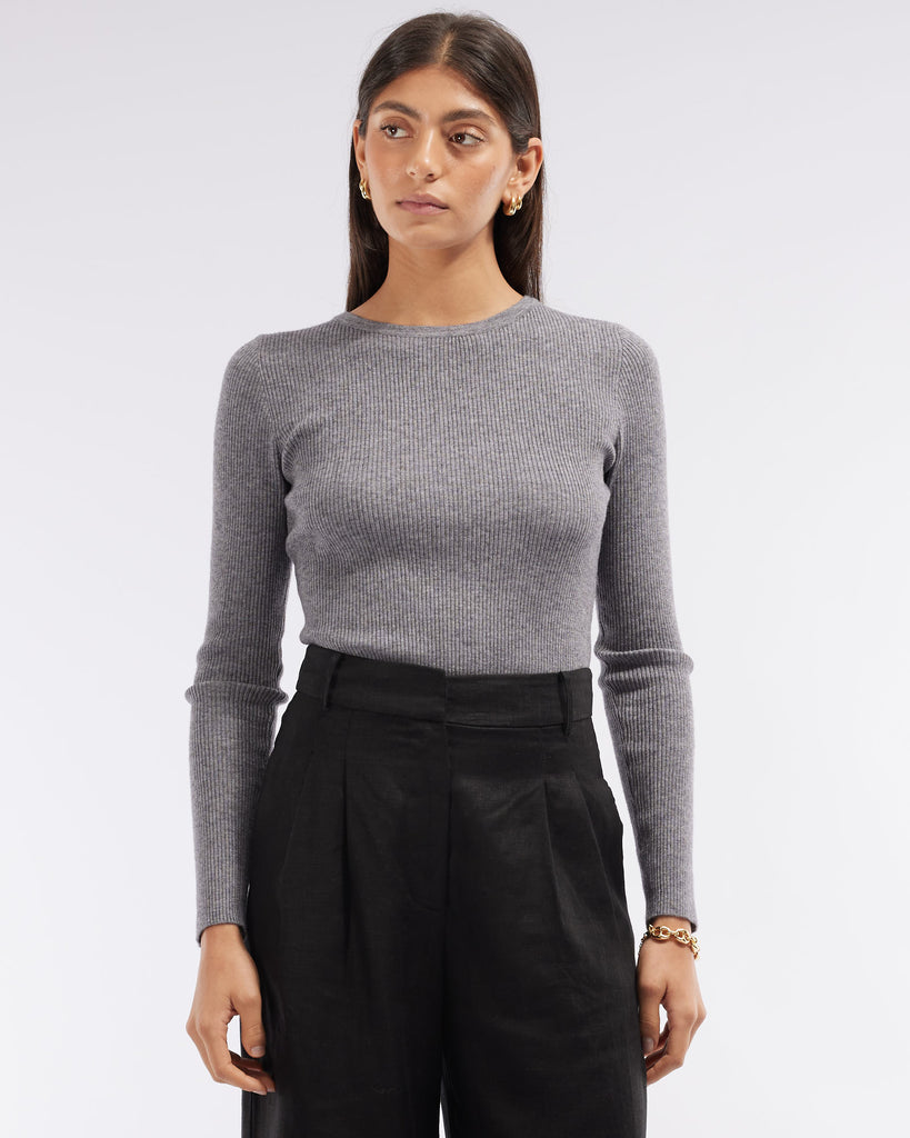 Afina Long Sleeve Knit Top - Grey Marle