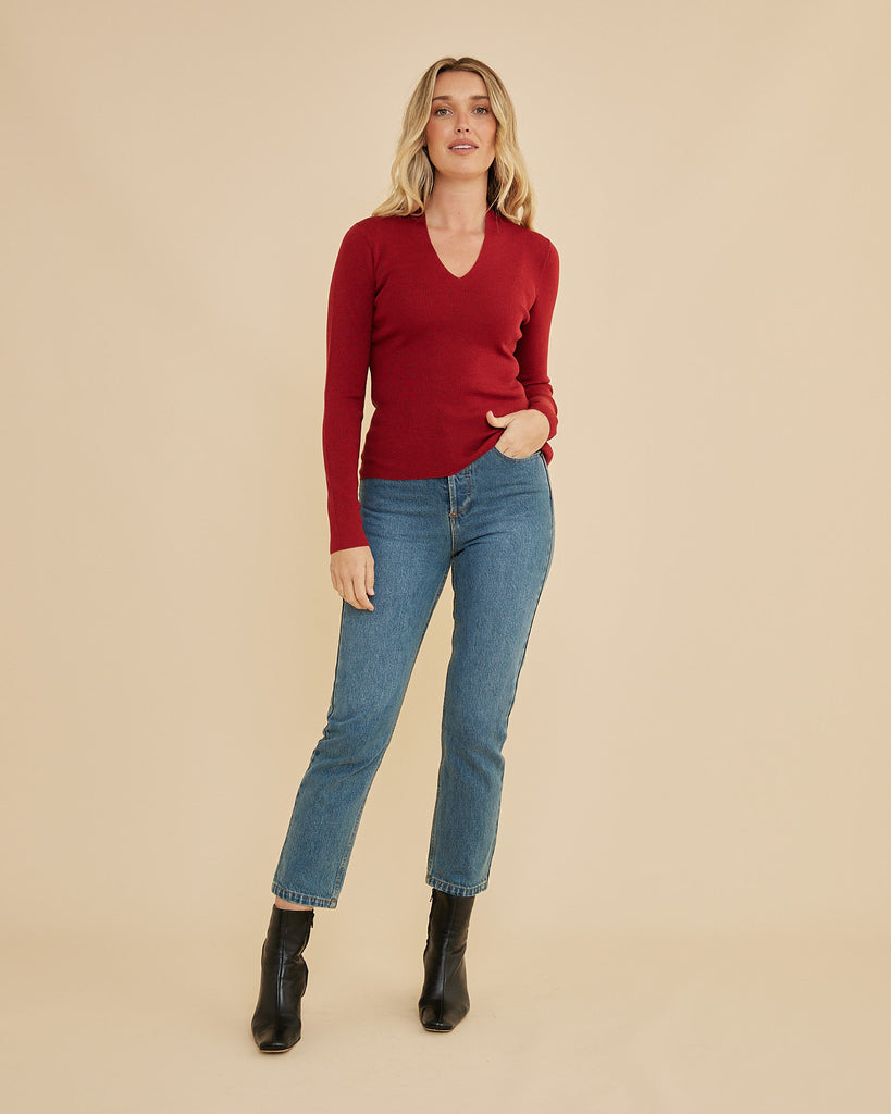 Aire Merino Knit V Neck Top - Red