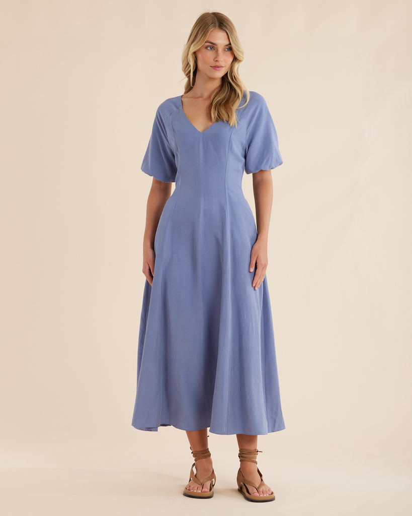 Auguste Puff Sleeve Midi Dress - Cerulean Blue