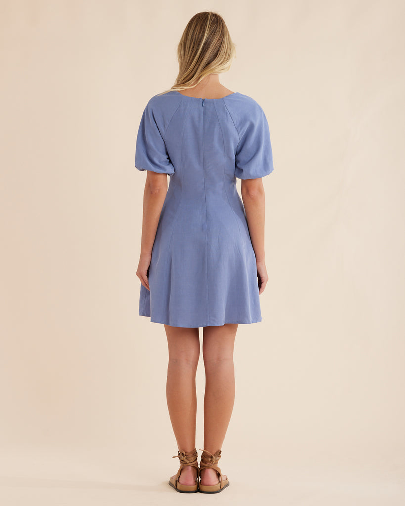 Auguste Puff Sleeve Mini Dress - Cerulean Blue - Second Image