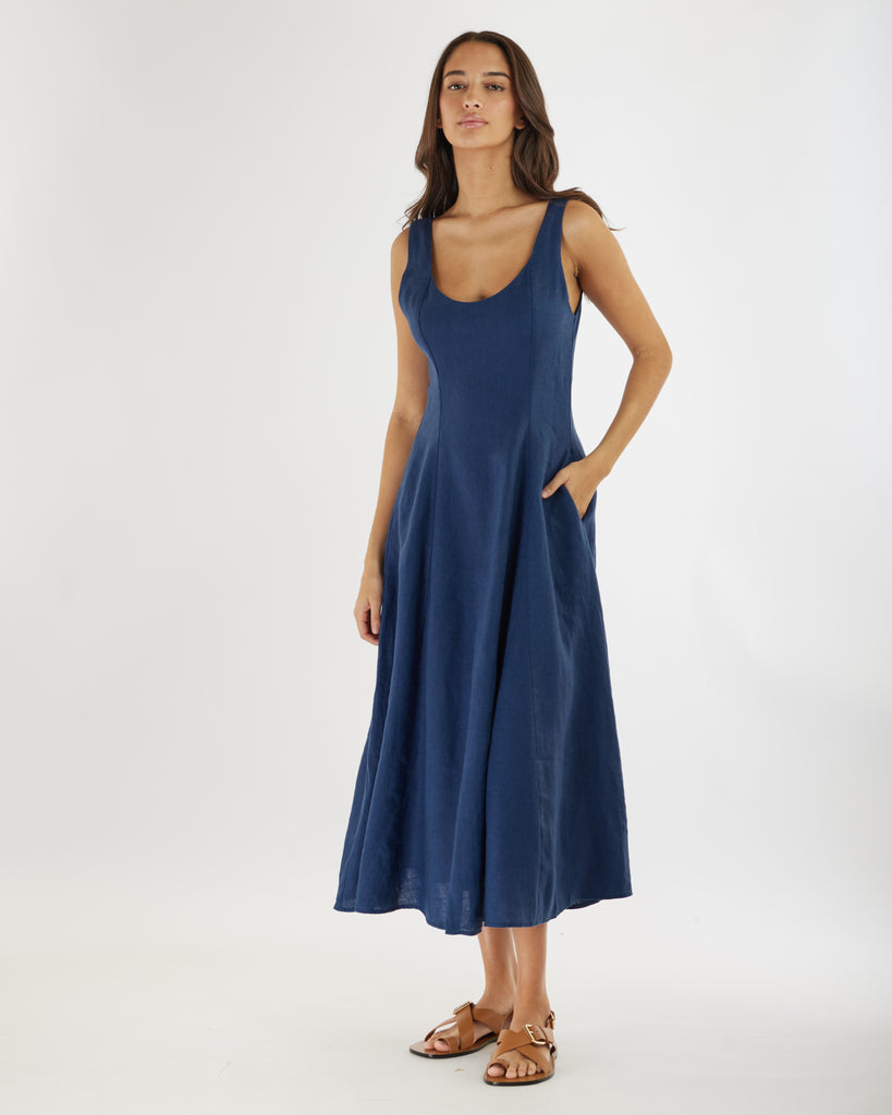Anna Panelled Linen Midi Dress - Navy - Second Image
