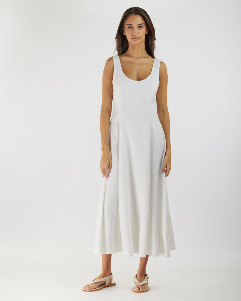 Anna Panelled Linen Midi Dress - White - Second Image