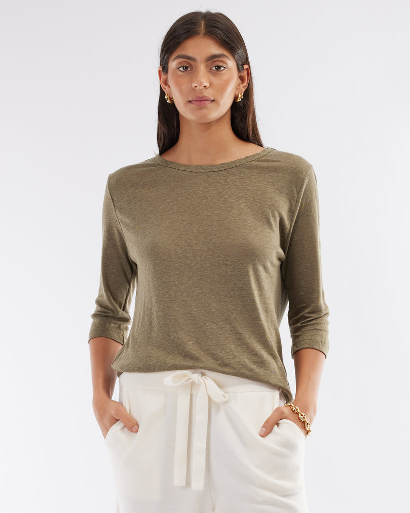 Bronte Linen Jersey Top - Khaki