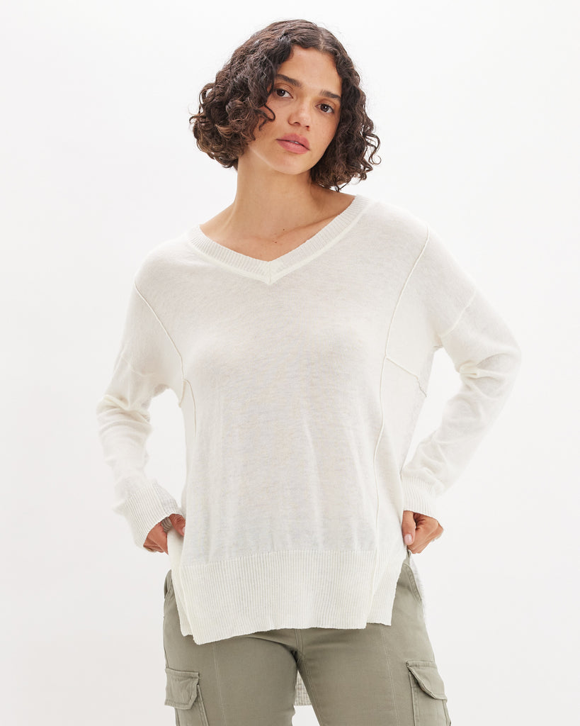 Davina Contrast Knit Top - Ivory/Grey