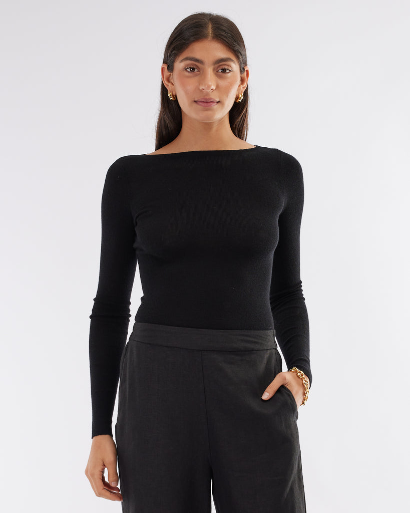 Ellie Merino Knit Boat Neck - Black