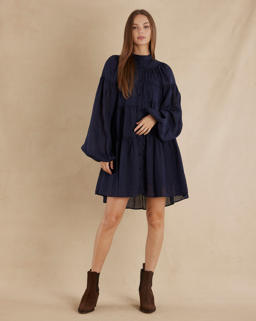 Isabelle Ramie Tiered Mini Dress - Navy