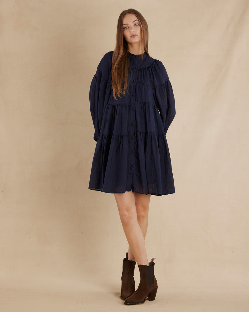 Isabelle Ramie Tiered Mini Dress - Navy - Second Image