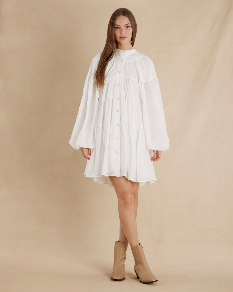 Isabelle Ramie Tiered Mini Dress - White