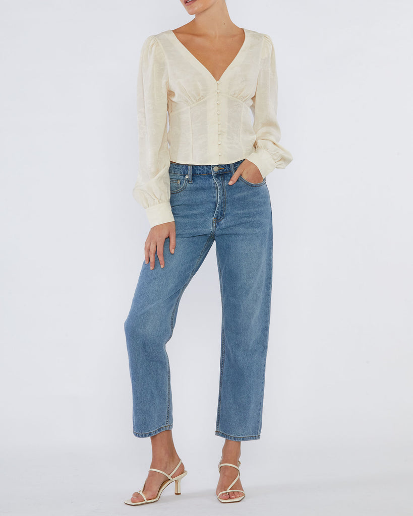 Loren Linen Jacquard V-Neck Top - Crema – Amelius