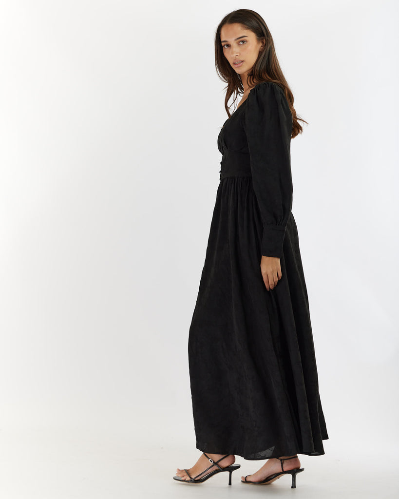 Loren Linen Jacquard Maxi Dress - Nero - Second Image