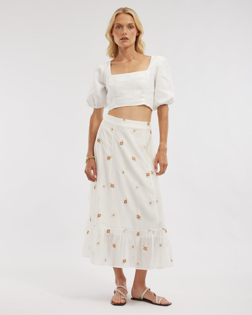 Monique Cross Stitch Midi Skirt - White