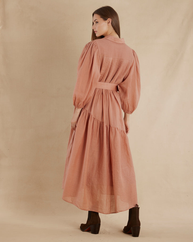 Poeta Ramie Pintuck Belted Dress - Blush – Amelius