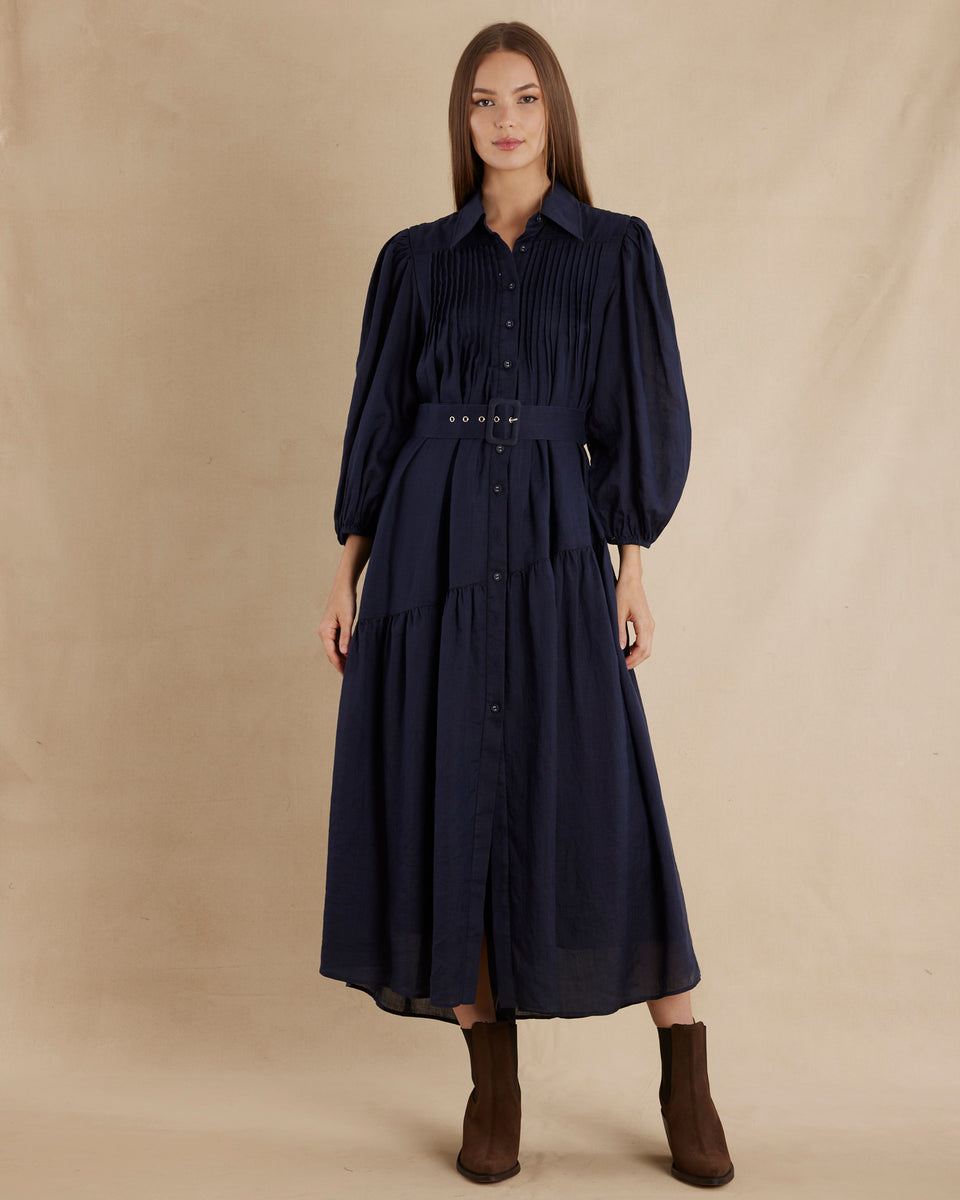 Poeta Ramie Pintuck Belted Dress - Navy – Amelius