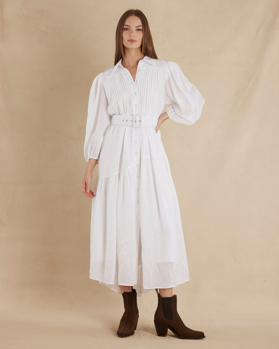 Poeta Ramie Pintuck Belted Dress - White – Amelius