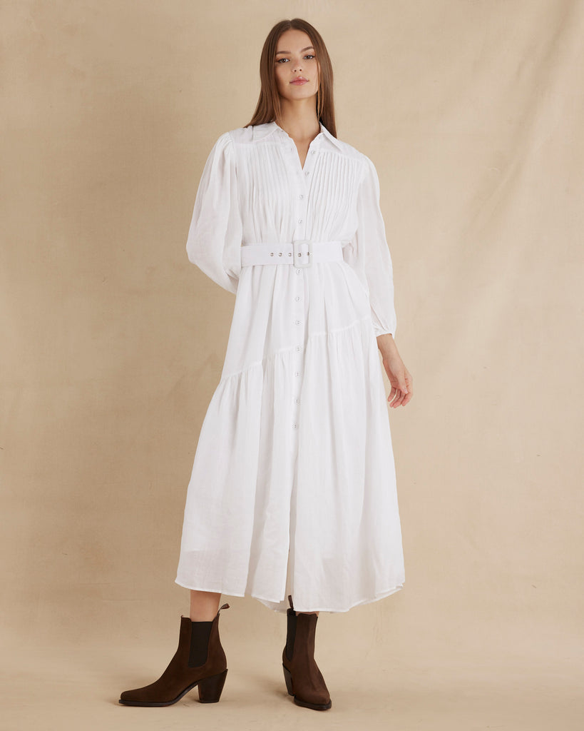 Poeta Ramie Pintuck Belted Dress - White – Amelius