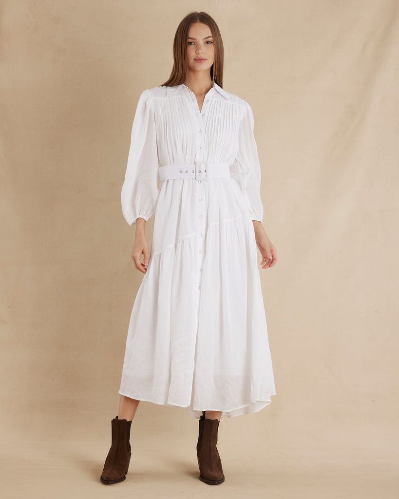 Poeta Ramie Pintuck Belted Dress - White - Second Image