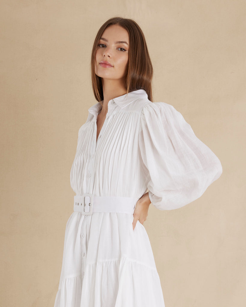 Poeta Ramie Pintuck Belted Dress - White – Amelius