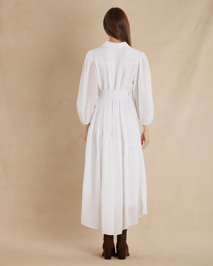 Poeta Ramie Pintuck Belted Dress - White – Amelius