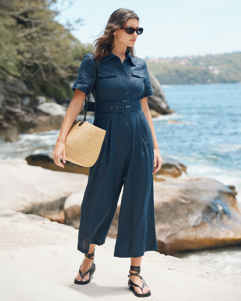Portsea Linen Jumpsuit - Navy - Second Image