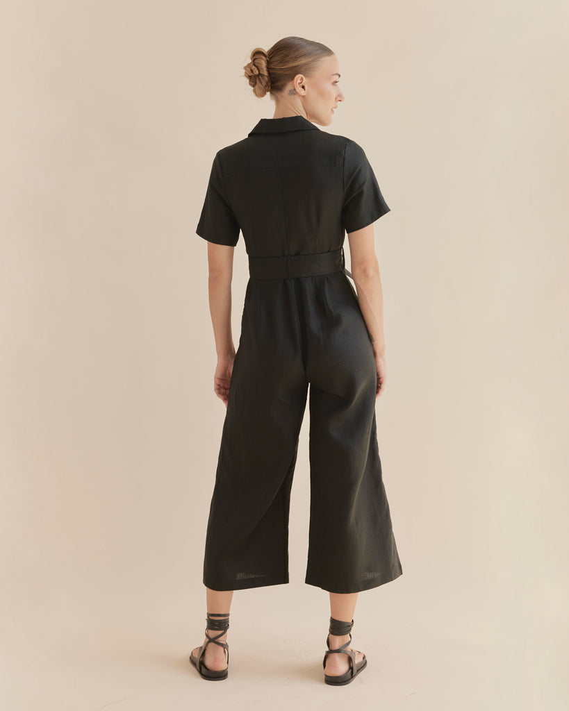 Portsea Linen Jumpsuit - Black - Second Image