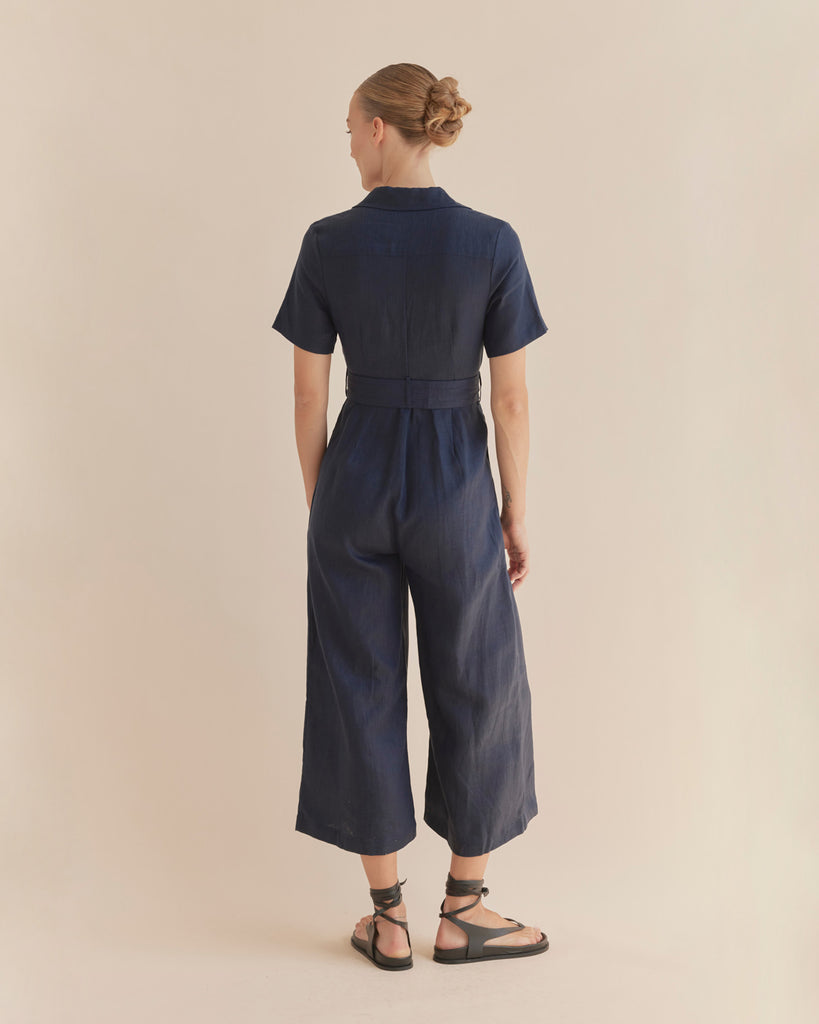 Portsea Linen Jumpsuit - Navy - Second Image