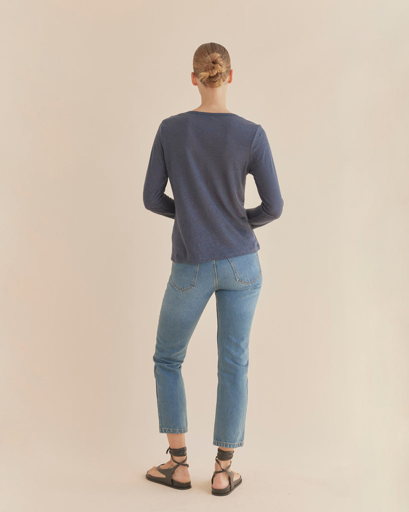 Priya Long Sleeve Linen Jersey Top - Navy - Second Image