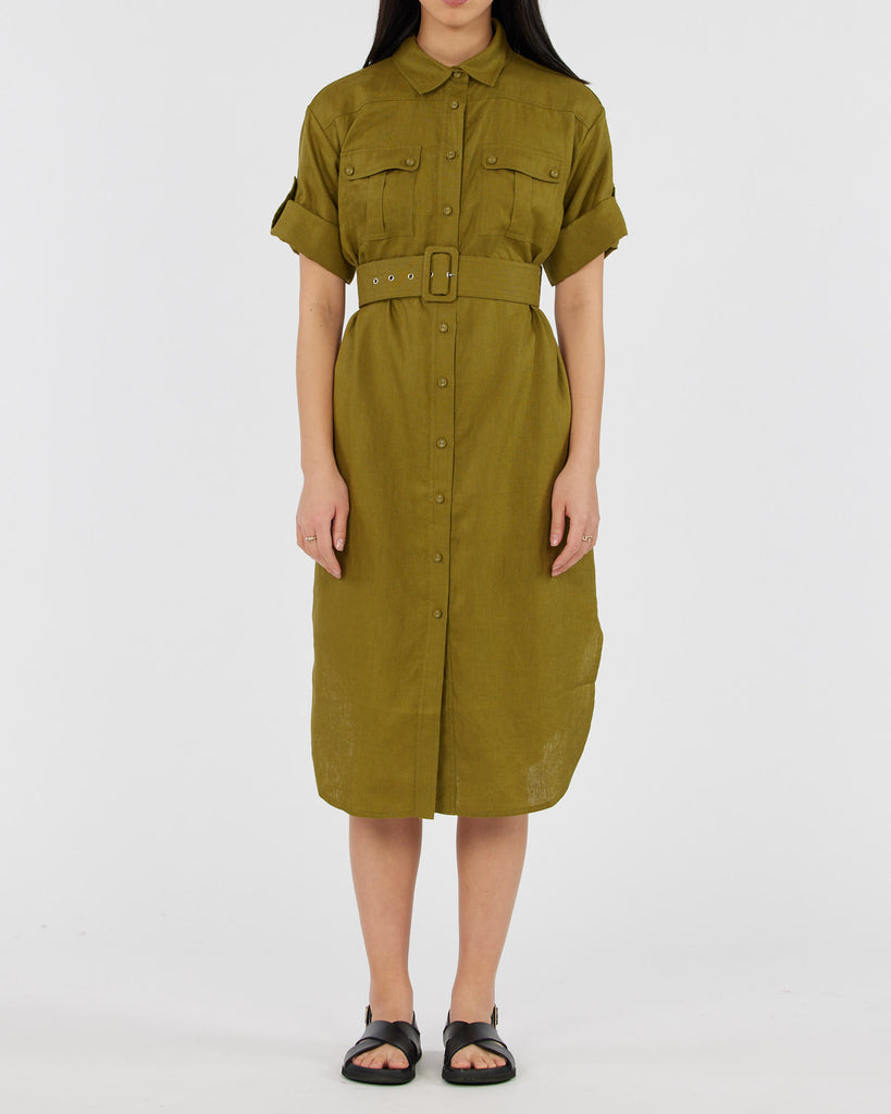 Provence Linen Shirt Dress - Olive - Second Image