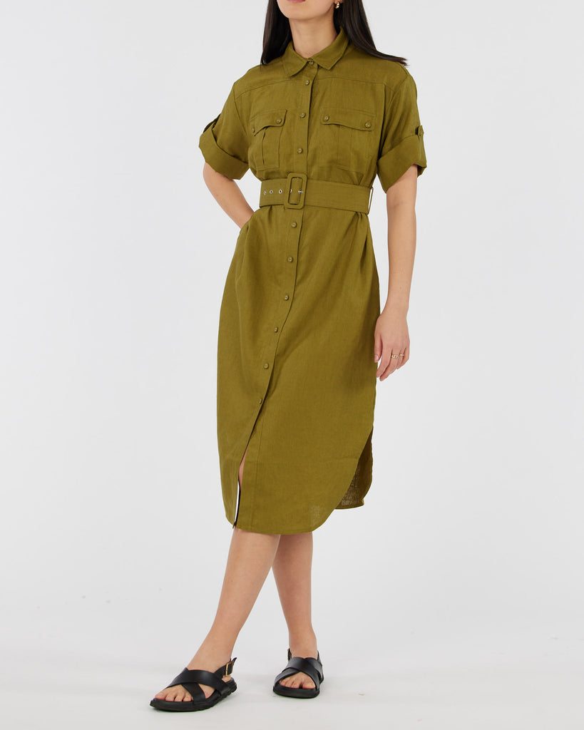 Provence Linen Shirt Dress - Olive