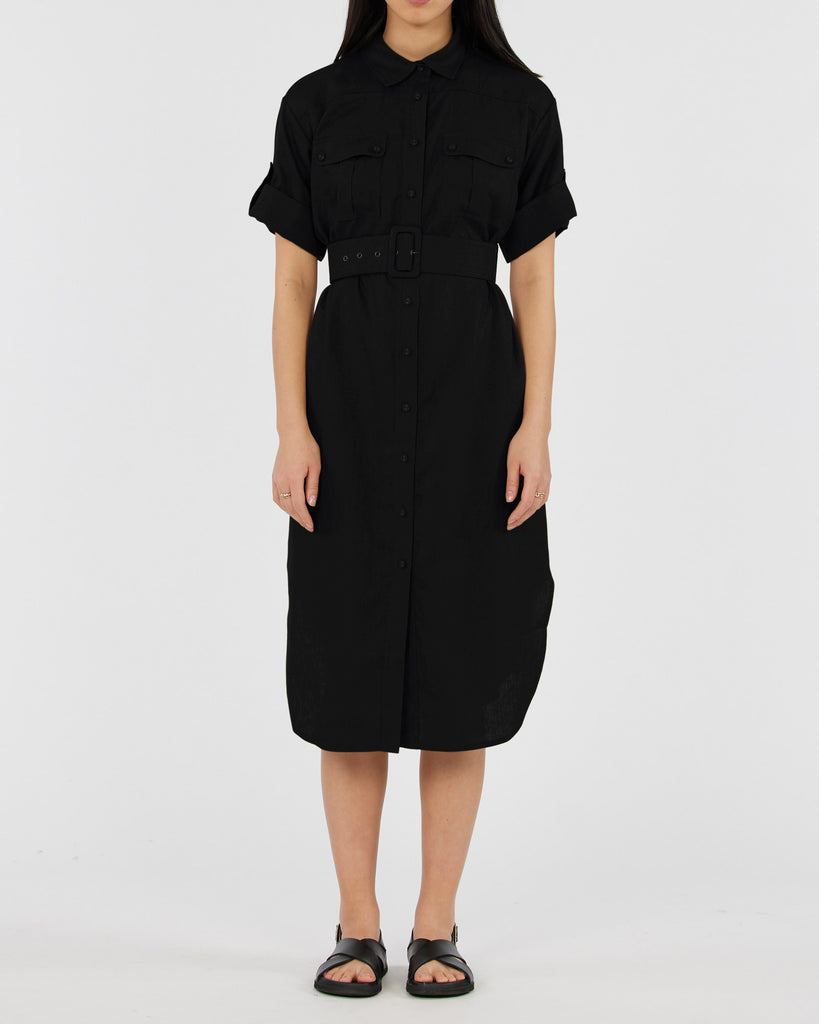 Provence Linen Shirt Dress - Black