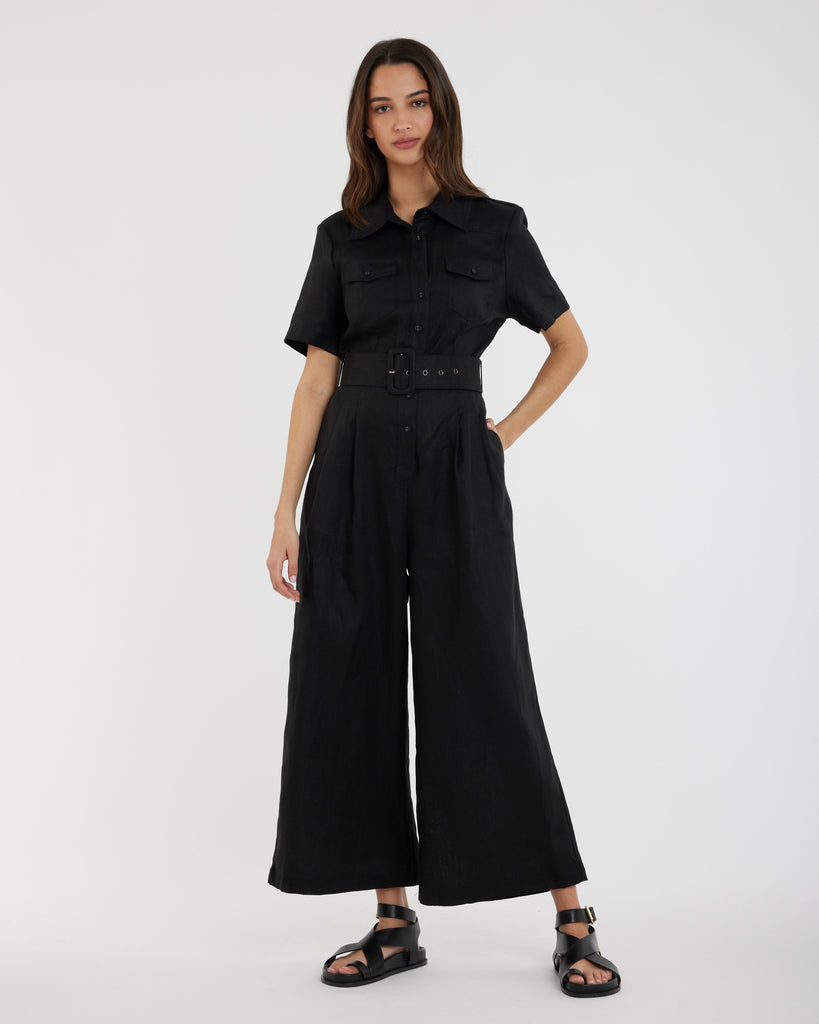 Portsea Linen Jumpsuit - Black - Second Image