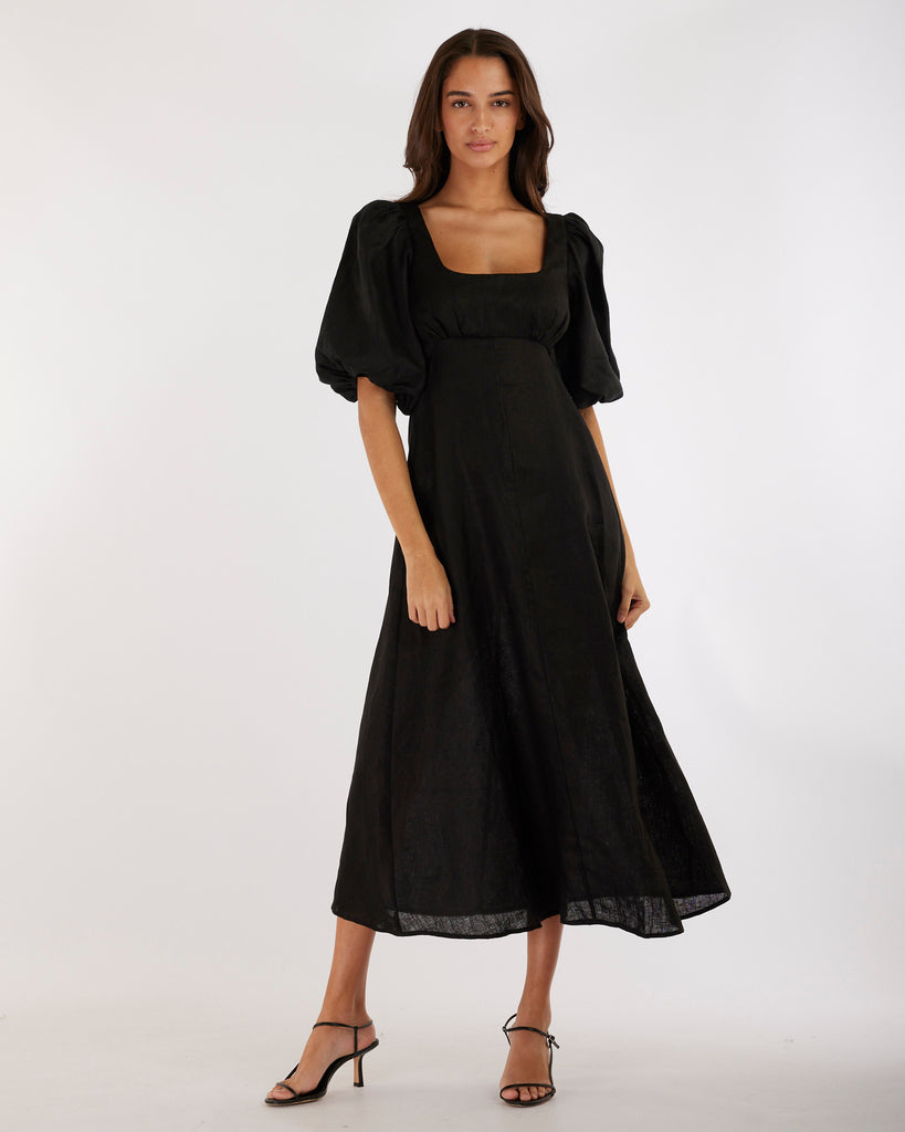 Romilly Linen Midi Dress - Black - Second Image
