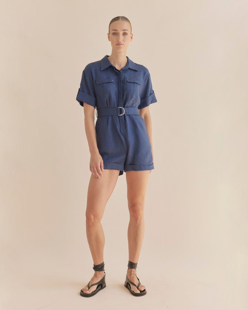 Surreal Linen Playsuit - Navy