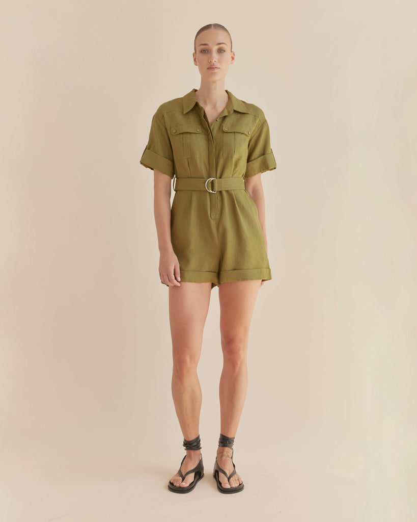 Surreal Linen Playsuit - Olive - Second Image