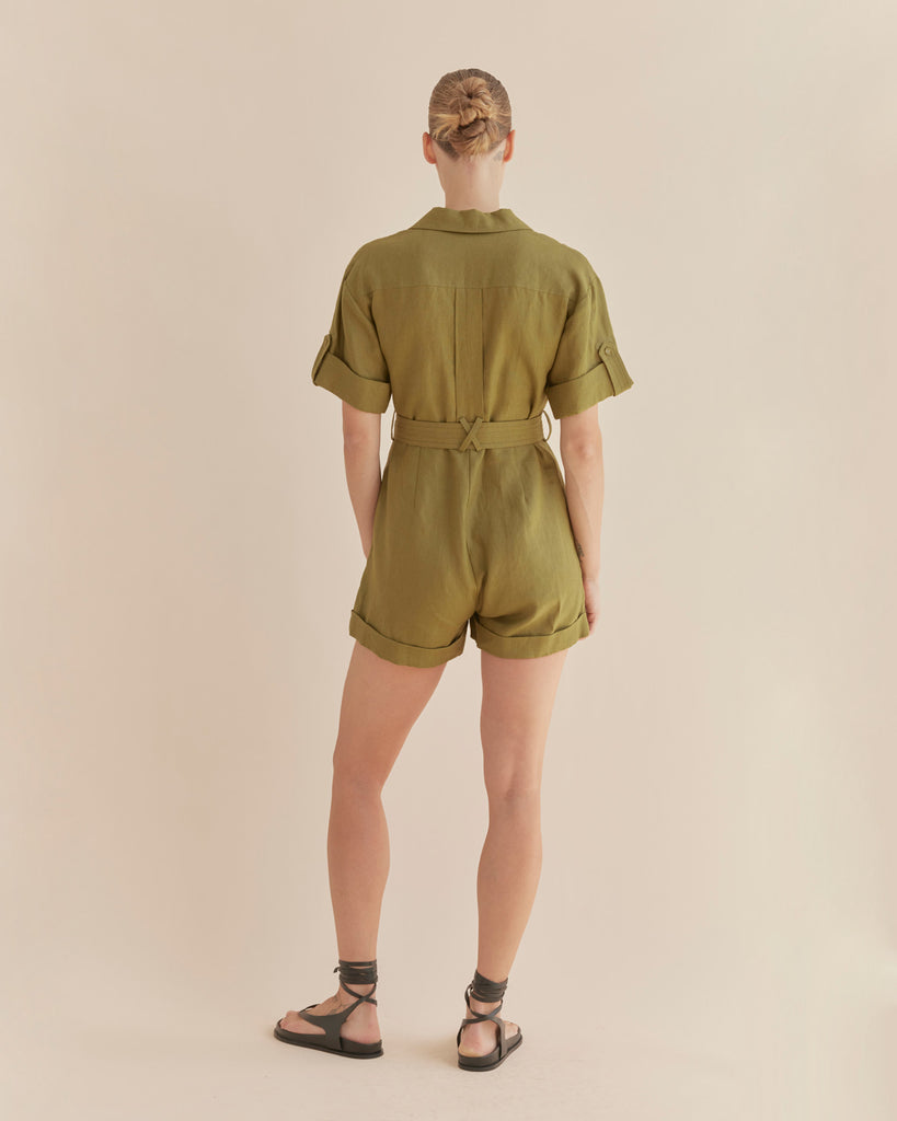 Surreal Linen Playsuit - Olive - Second Image