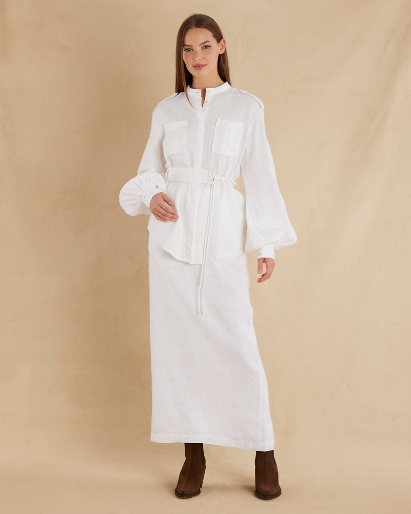 Yvette Linen Belted Shirt - White - Second Image