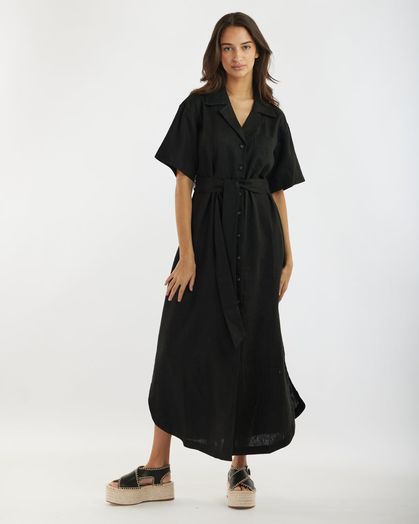 Zoe Camp Collar Midi Dress - Black