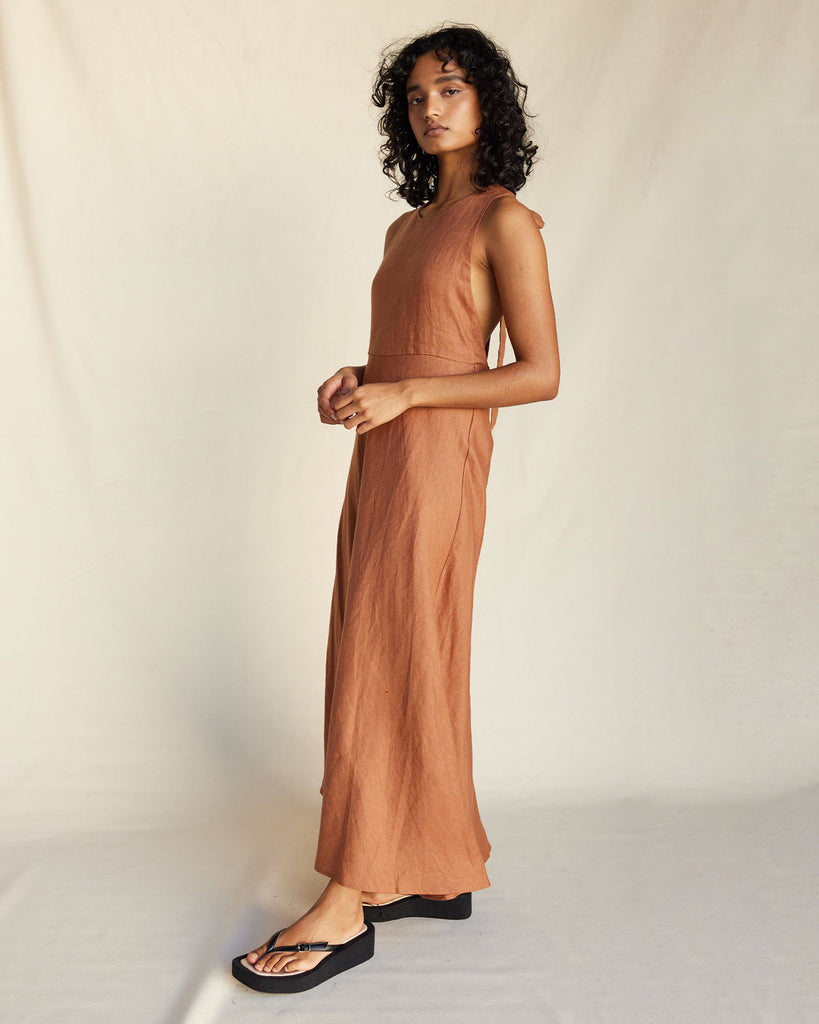 Zaina Linen Halter Maxi Dress - Cinnamon - Second Image